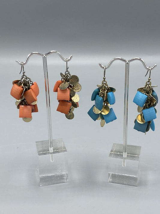 Groovy set of 2 pairs Vintage Dangle Pierced Earring Blue & Coral /r