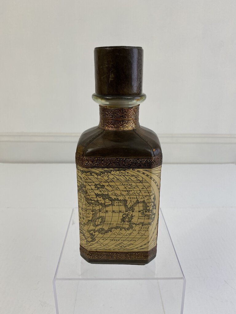 Leather Wrapped Decanter with Old World Map 10” Tall Made in Italy /r