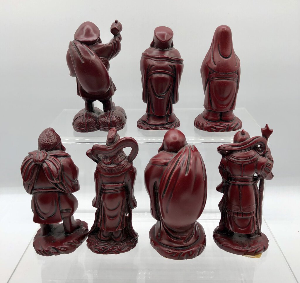 Vtg Red Resin 7 Chinese Gods of Good Fortune /b