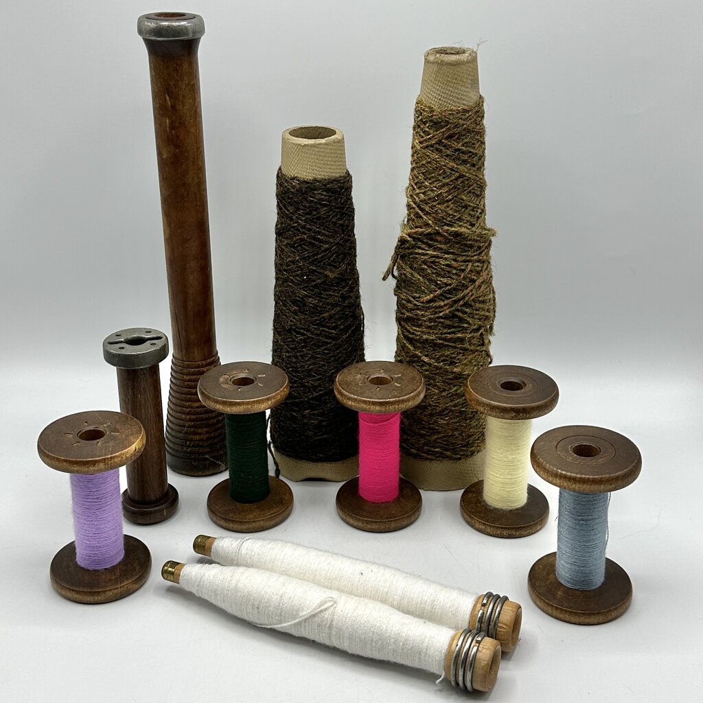 Lot of 11 Vintage Wood & Cardboard Textile Spools, Spindles and Cones w/Colorful Yarn /cb