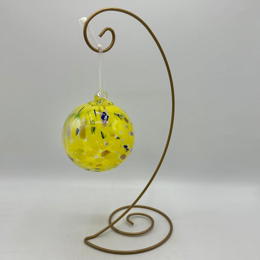 Studio Art Glass Handblown Yellow Speckled 4” Hanging Ornament, Witch Ball, Orb, Sphere w/Stand /cb