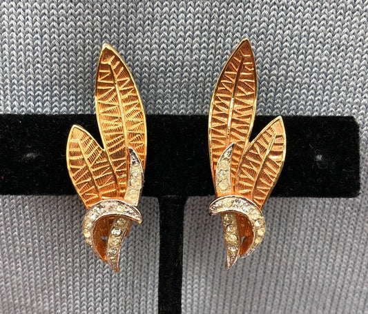Vintage Corocraft Clip EarringsRhinestone & Leaves Design /b