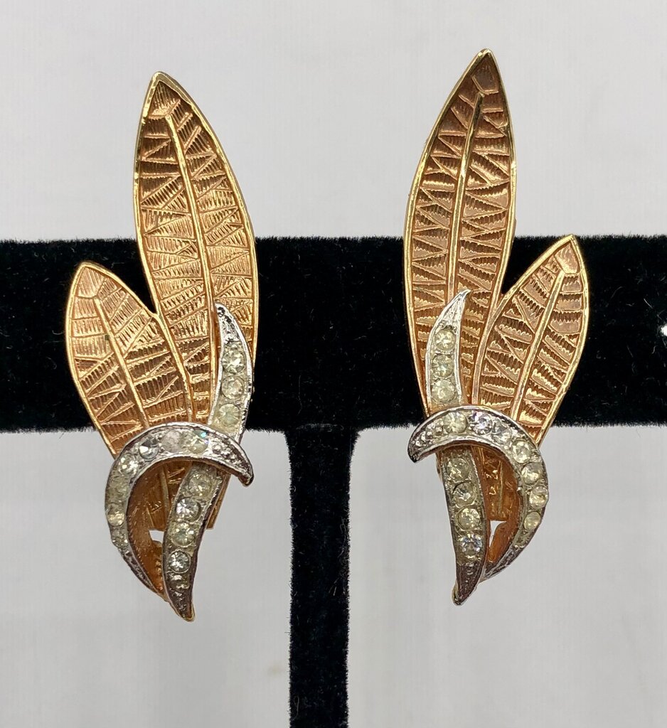 Vintage Corocraft Clip EarringsRhinestone & Leaves Design /b