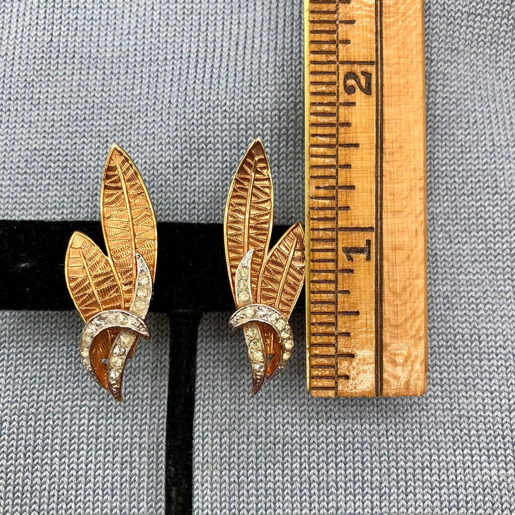 Vintage Corocraft Clip EarringsRhinestone & Leaves Design /b