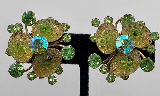 1960s Judy Lee LAva Glass & Rhinestone Clip Earrings /b