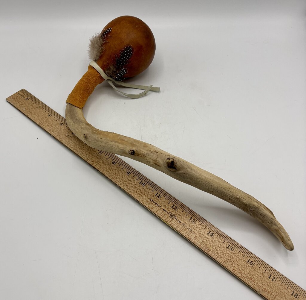 Native American Gourd Rattle with Feathers and Suede Collar /j