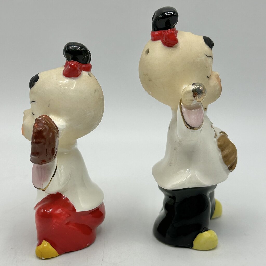 Vintage Japanese Baseball Playing Children Salt and Pepper Shaker Set-Mid Century Ceramic Collectible /cb