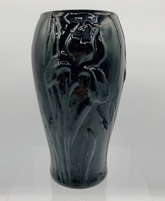 Vintage Tiffin Black Glass Iris Vase /b