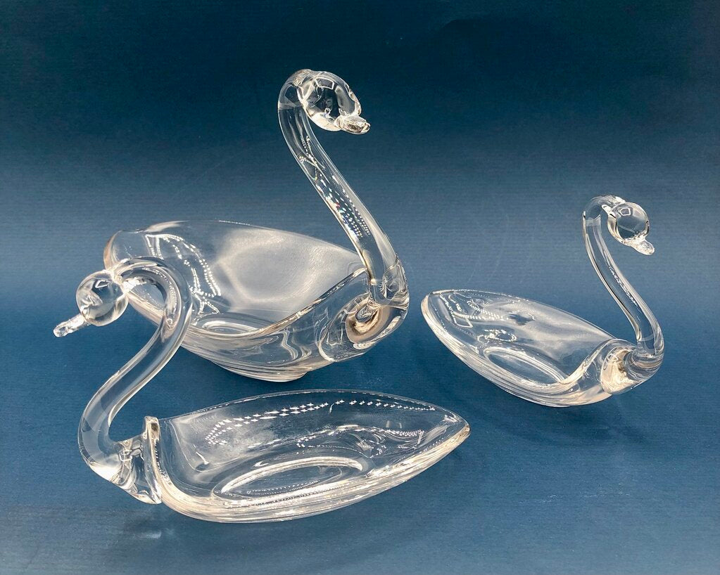 Set of 3 Duncan Miller Glass Nesting Swans Candy/ Trinket Dishes /b