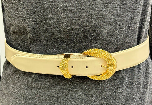 Talbots Cream Leather Belt w/ Gold Buckle Sz. M /j