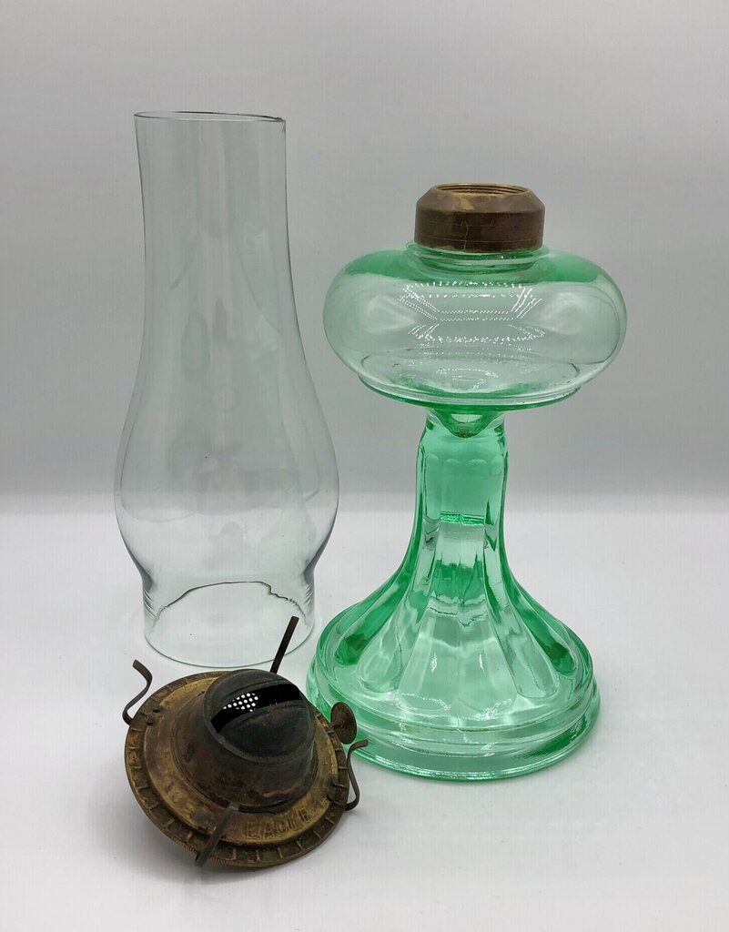 Vintage 1930’s Green Uranium Glass Hurricane Oil Lamp /b