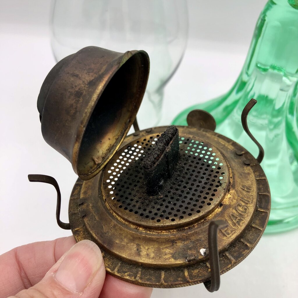 Vintage 1930’s Green Uranium Glass Hurricane Oil Lamp /b