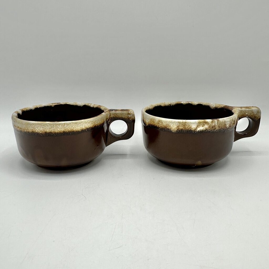 Vintage Western Stoneware Brown Drip Glaze Soup Mugs-Set Of 4-Maple Leaf WS Stamped /cb