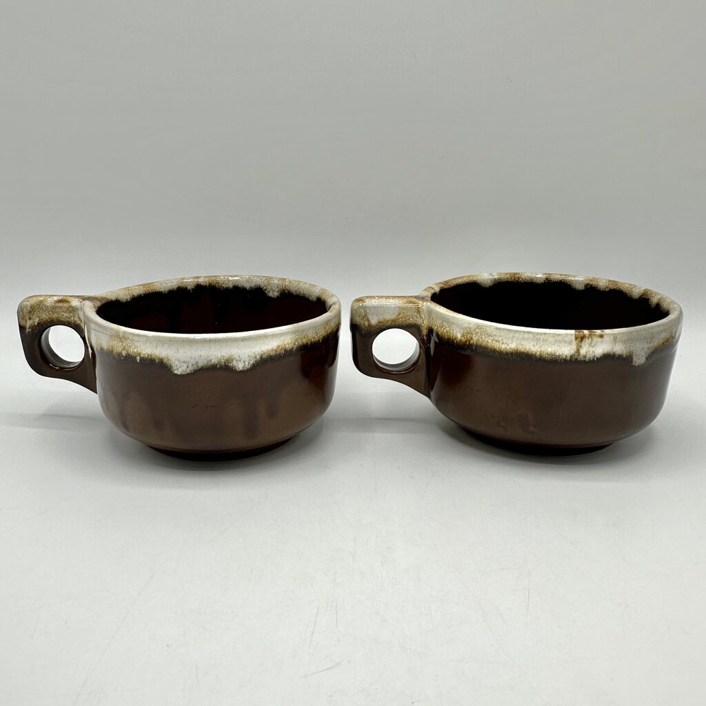 Vintage Western Stoneware Brown Drip Glaze Soup Mugs-Set Of 4-Maple Leaf WS Stamped /cb