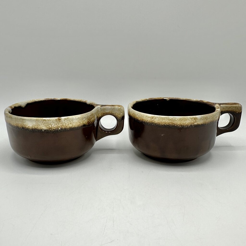 Vintage Western Stoneware Brown Drip Glaze Soup Mugs-Set Of 4-Maple Leaf WS Stamped /cb