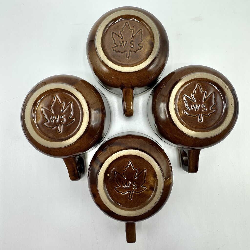 Vintage Western Stoneware Brown Drip Glaze Soup Mugs-Set Of 4-Maple Leaf WS Stamped /cb