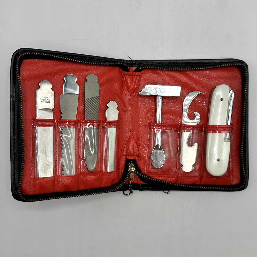 Vintage BARLOW Japan Multi Tool 7 Piece Pocket Knife Camping Kit w/Case./cb