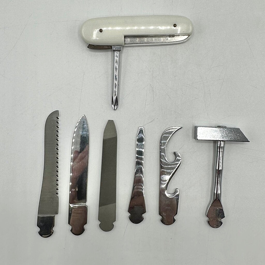 Vintage BARLOW Japan Multi Tool 7 Piece Pocket Knife Camping Kit w/Case./cb