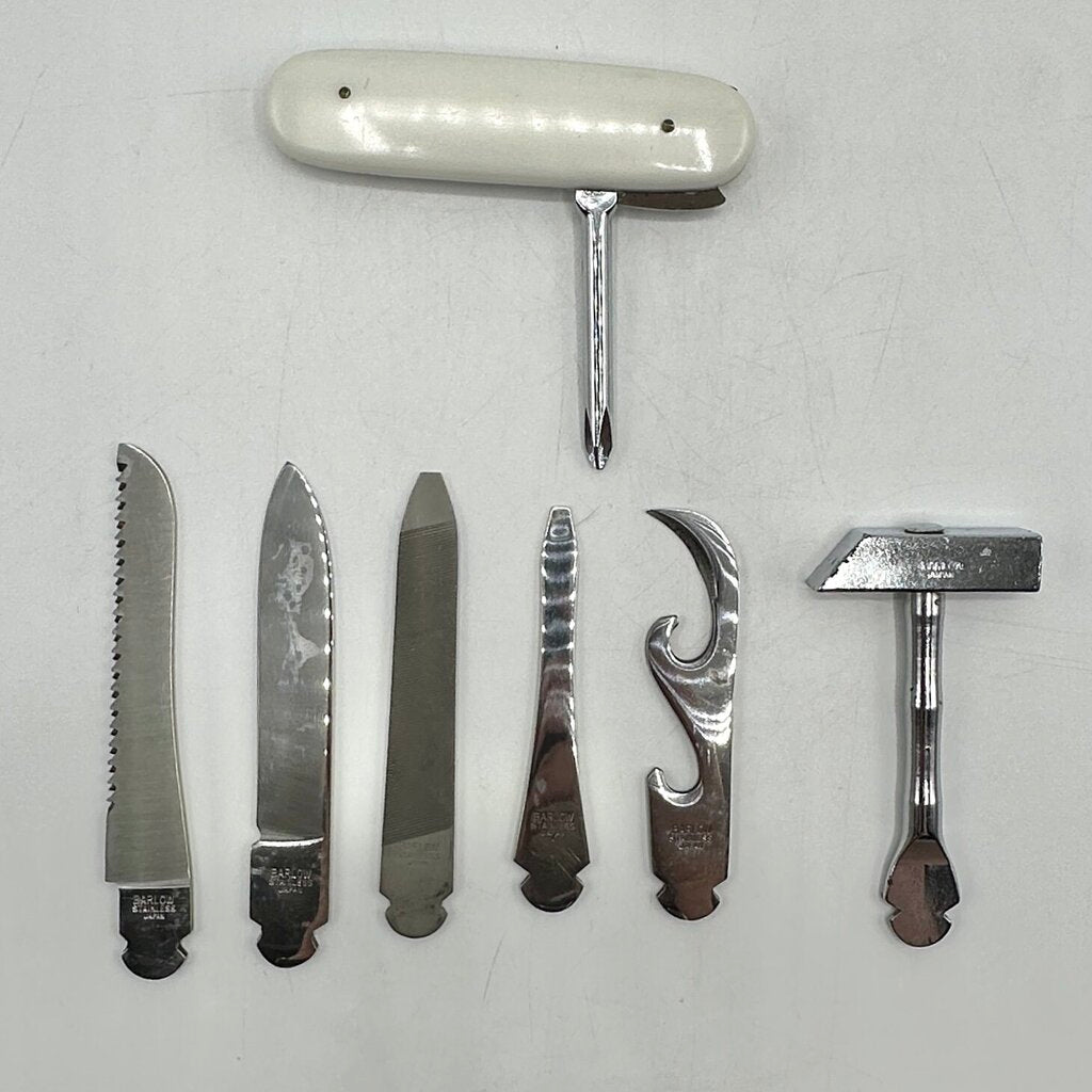 Vintage BARLOW Japan Multi Tool 7 Piece Pocket Knife Camping Kit w/Case./cb