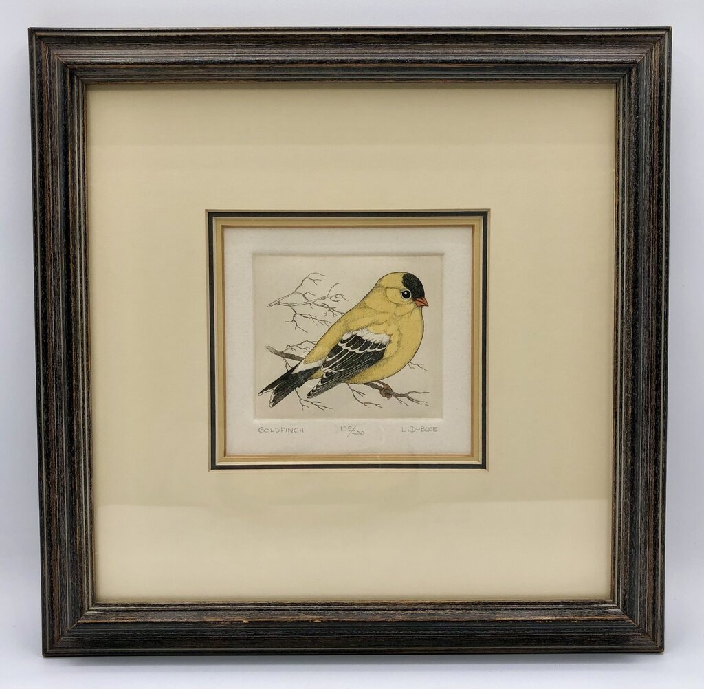 Lucius DuBose Colored Goldfinch Block Etching Framed /b