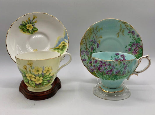 Vtg Royal Albert Wild Geranium & Ansley Yellow Primrose Teacup & Saucers /b