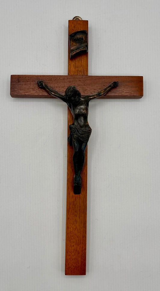 Vtg. Wood & Brass Crucifix INRI /j