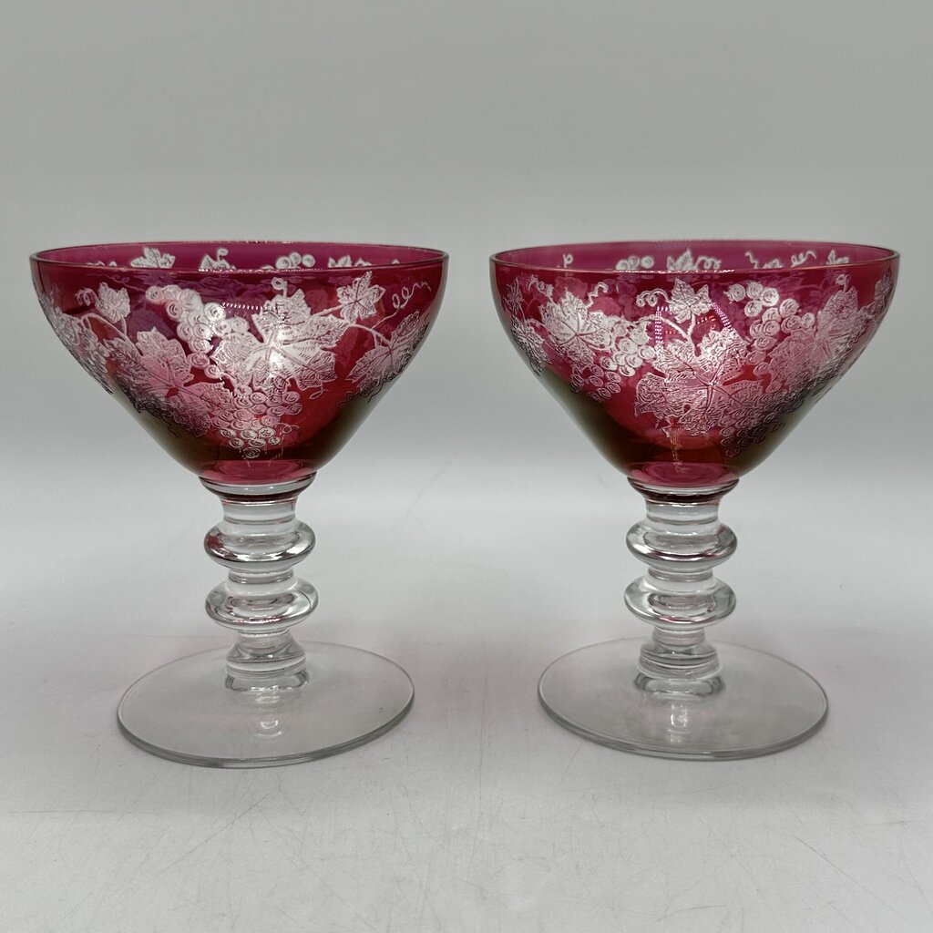 2 Vintage Bryce 688-1 Cranberry Glass Low Sherbets Etched Grapes & Vines /cb