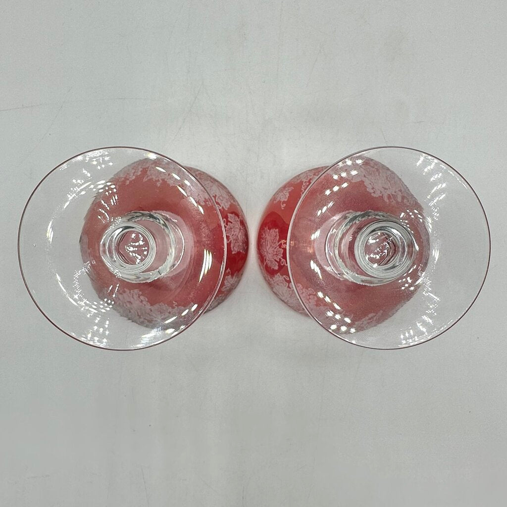 2 Vintage Bryce 688-1 Cranberry Glass Low Sherbets Etched Grapes & Vines /cb