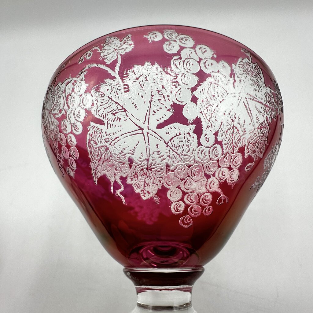 2 Vintage Bryce 688-1 Cranberry Glass Low Sherbets Etched Grapes & Vines /cb