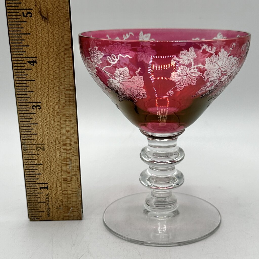 2 Vintage Bryce 688-1 Cranberry Glass Low Sherbets Etched Grapes & Vines /cb