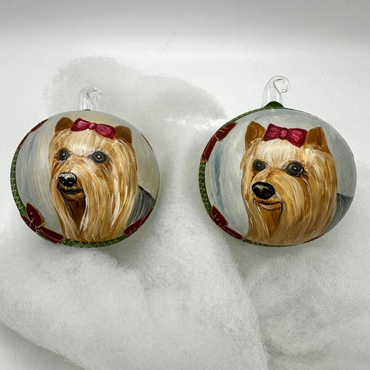 Set of 2 Hand Painted Yorkshire Terrier Plastic Bauble Christmas Ornaments /cb