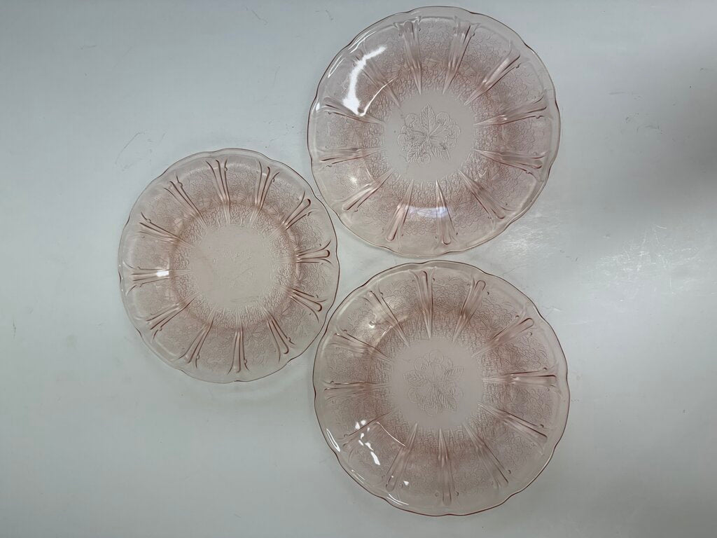 3 Jeanette Pink Depression Glass Cherry Blossom Dinner Plate 9” /roh