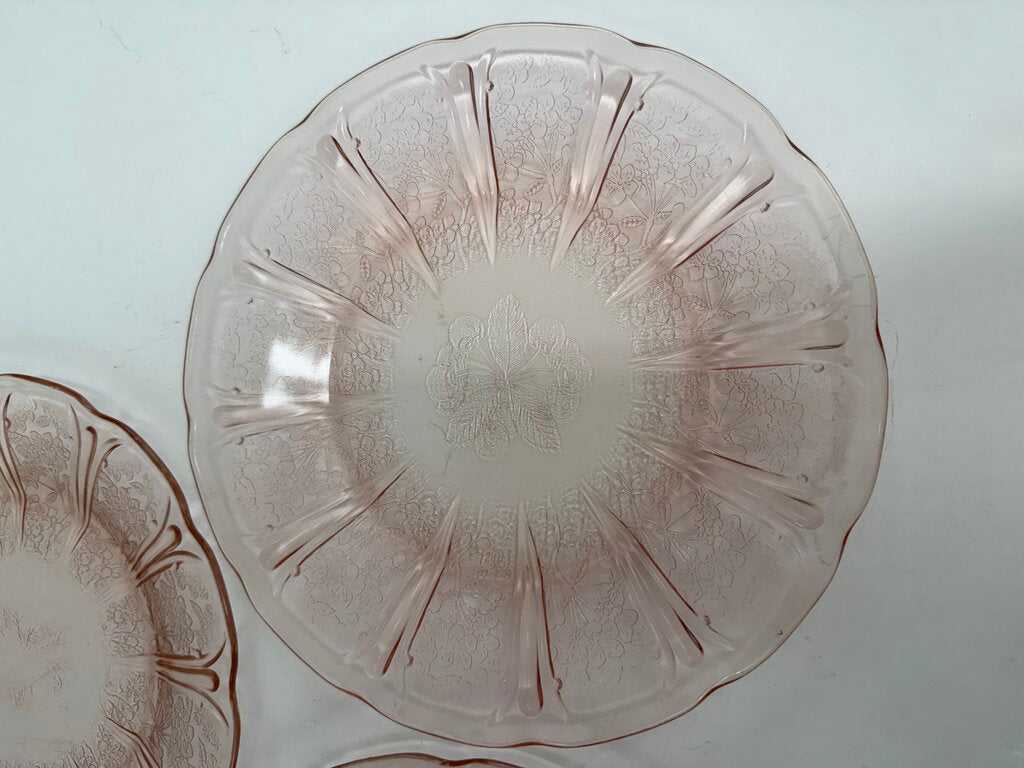 3 Jeanette Pink Depression Glass Cherry Blossom Dinner Plate 9” /roh