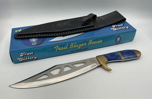Frost Cutlery Trail Blazer Bowie Knife 15” Overall Length 10” Blade w/ Leather Sheath & Box 14-185BLWG /s