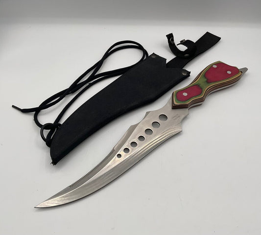 Unbranded Stainless Steel Knife - 16” Overall, 8 1/2” Blade, Multicolor Wood Handle w/Black Nylon Sheath /s