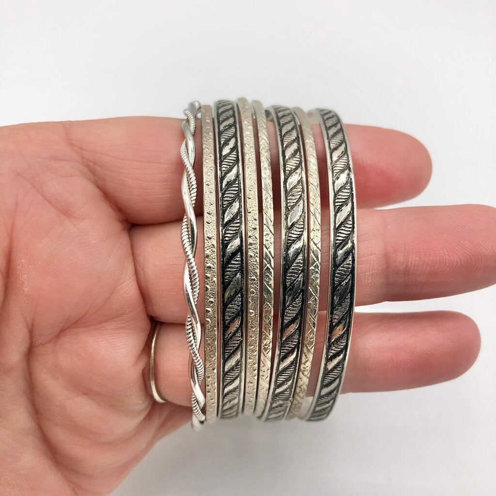 Vintage Bundle of 8 Bohemian Bangle Bracelets Silver Tone /b