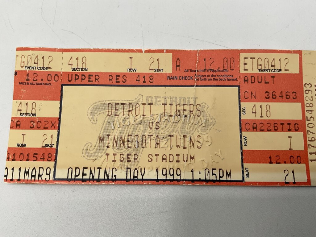 Detroit Tigers 1999 Opening Day Tiger Stadium Ticket vs. Minnesota Twins /so