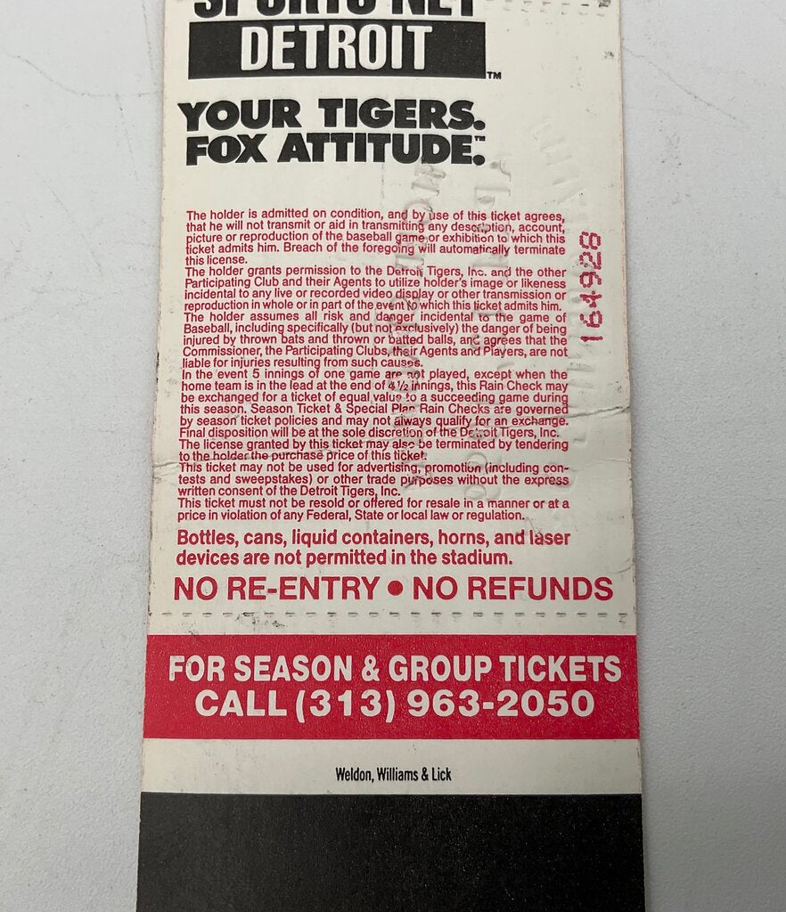 Detroit Tigers 1999 Opening Day Tiger Stadium Ticket vs. Minnesota Twins /so