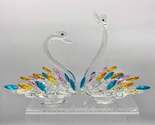 Pair of Sparkling Crystal Swans Figurines w/ Colored Feathers /b