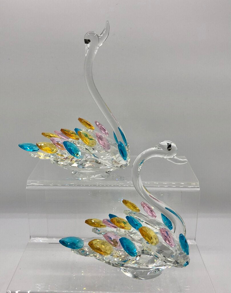 Pair of Sparkling Crystal Swans Figurines w/ Colored Feathers /b