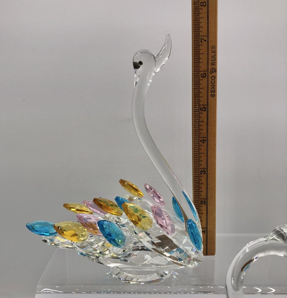 Pair of Sparkling Crystal Swans Figurines w/ Colored Feathers /b