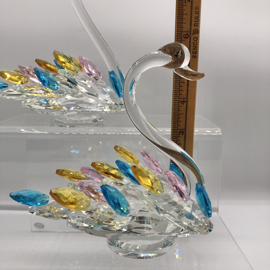 Pair of Sparkling Crystal Swans Figurines w/ Colored Feathers /b
