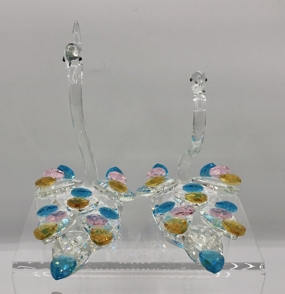 Pair of Sparkling Crystal Swans Figurines w/ Colored Feathers /b