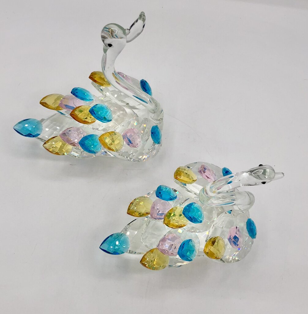 Pair of Sparkling Crystal Swans Figurines w/ Colored Feathers /b