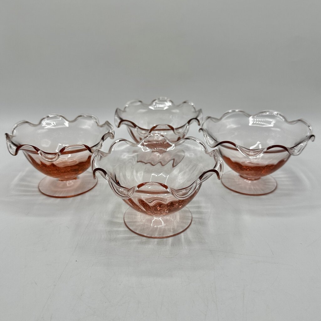 Set of 4 Vintage Pink Ruffled Footed Optic Sherbet/Dessert Bowls /cb