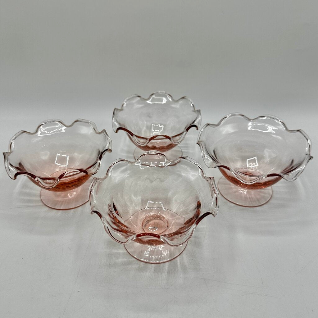 Set of 4 Vintage Pink Ruffled Footed Optic Sherbet/Dessert Bowls /cb