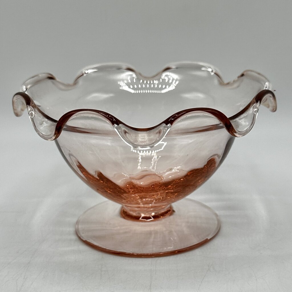 Set of 4 Vintage Pink Ruffled Footed Optic Sherbet/Dessert Bowls /cb