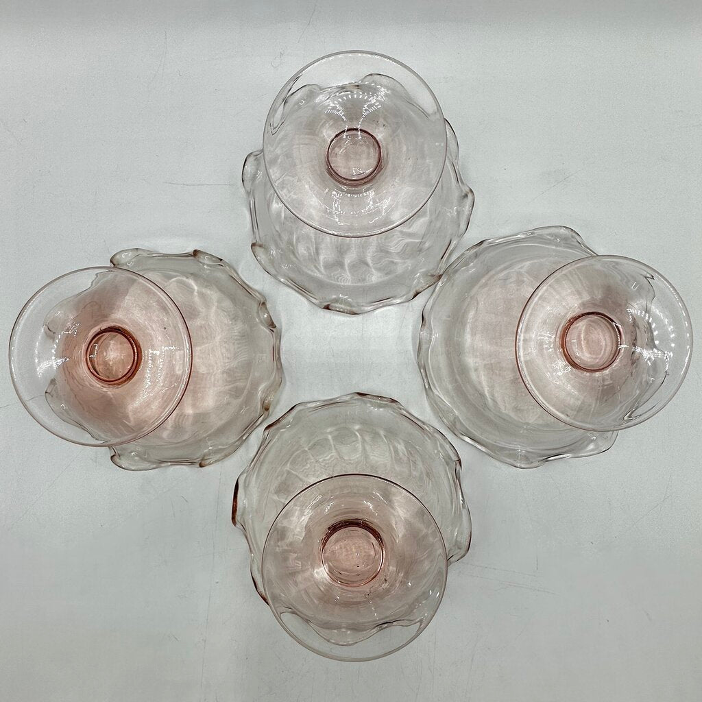 Set of 4 Vintage Pink Ruffled Footed Optic Sherbet/Dessert Bowls /cb