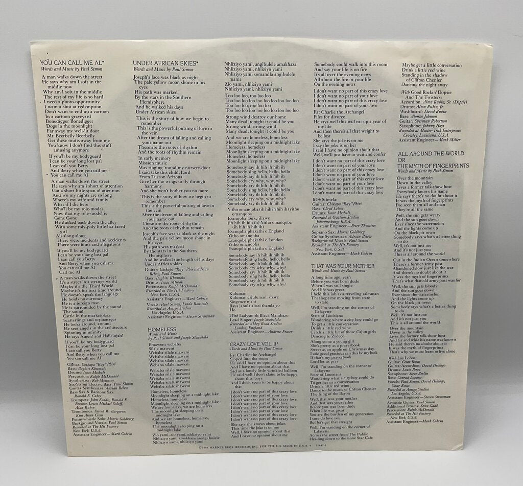 Paul Simon “Graceland” 1986 Vinyl Record /s