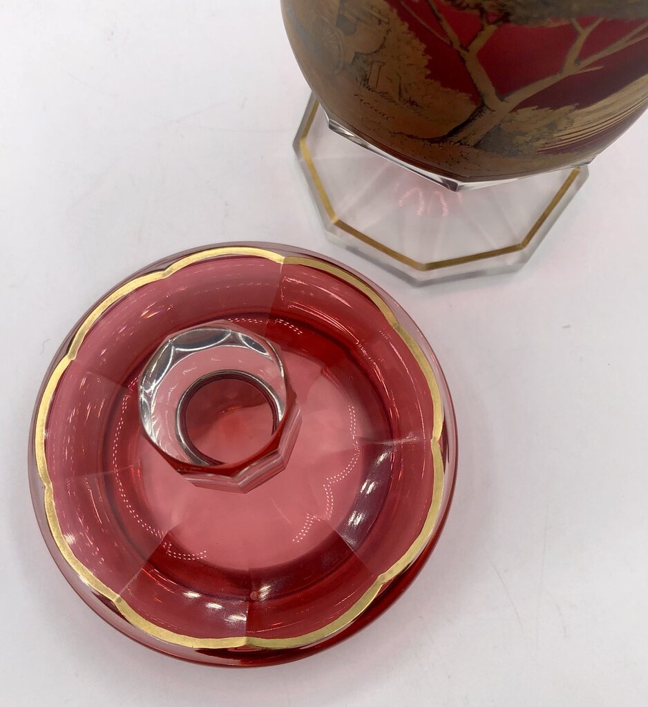 Impressive Heavy Gilded Bohemian Ruby Glass Pedestal Jar w/ Lid /b